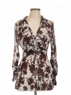Free People Cream and Brown Floral Mesh Button-Front Blouse Large